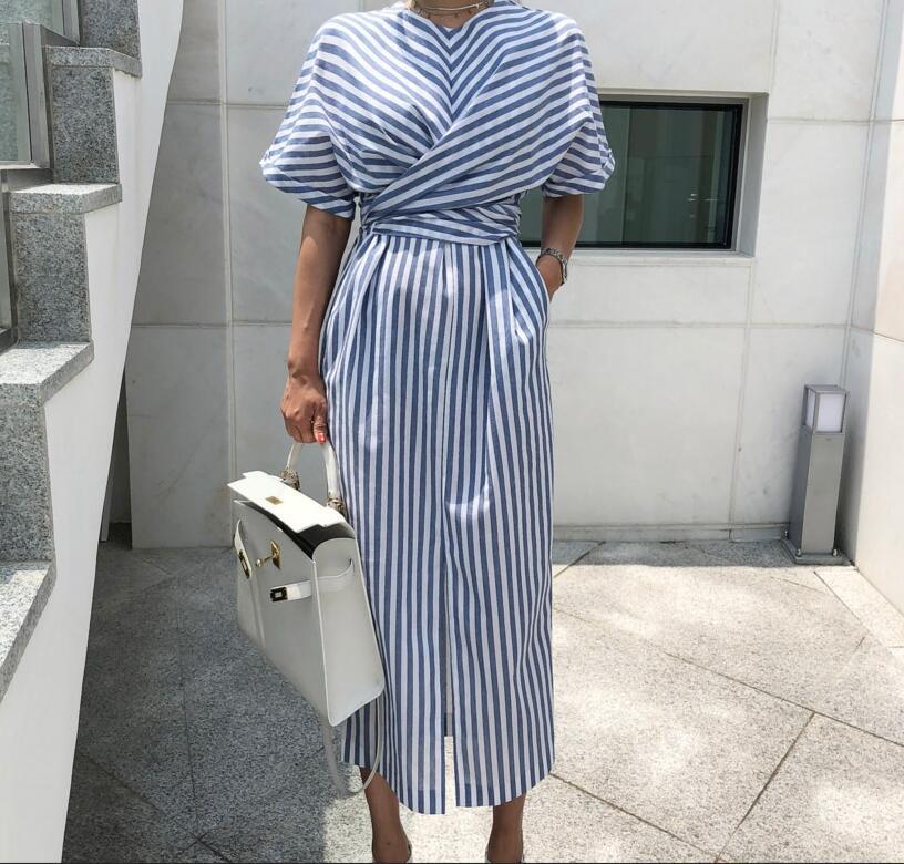 Women's Striped Cross-Tie Dress with Waist Cinch and Front Slit