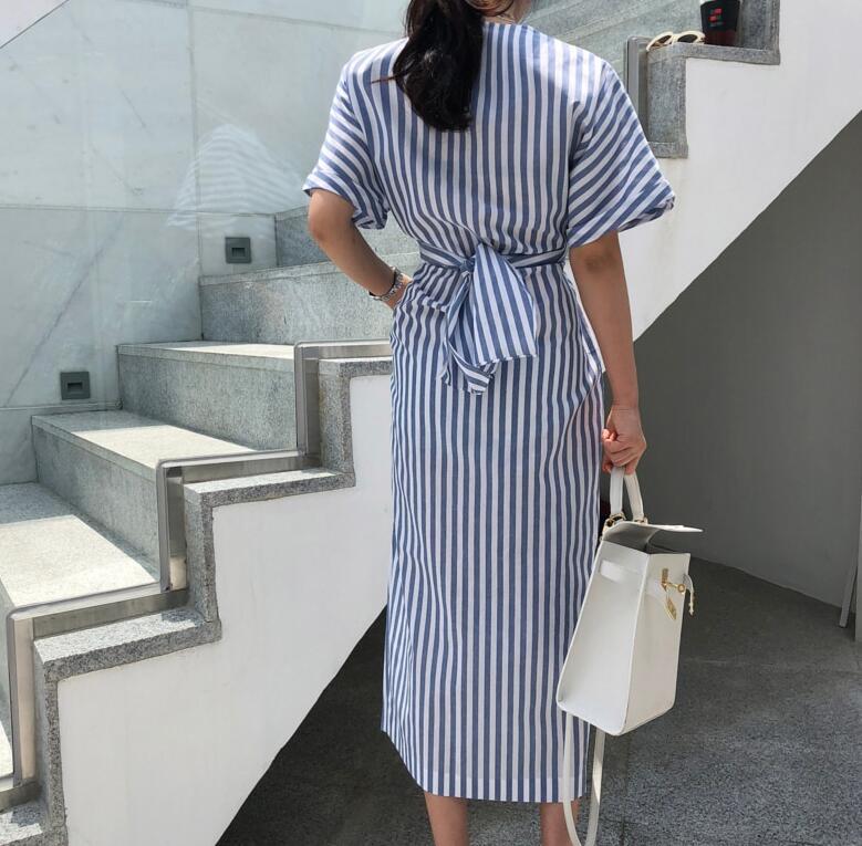 Women's Striped Cross-Tie Dress with Waist Cinch and Front Slit