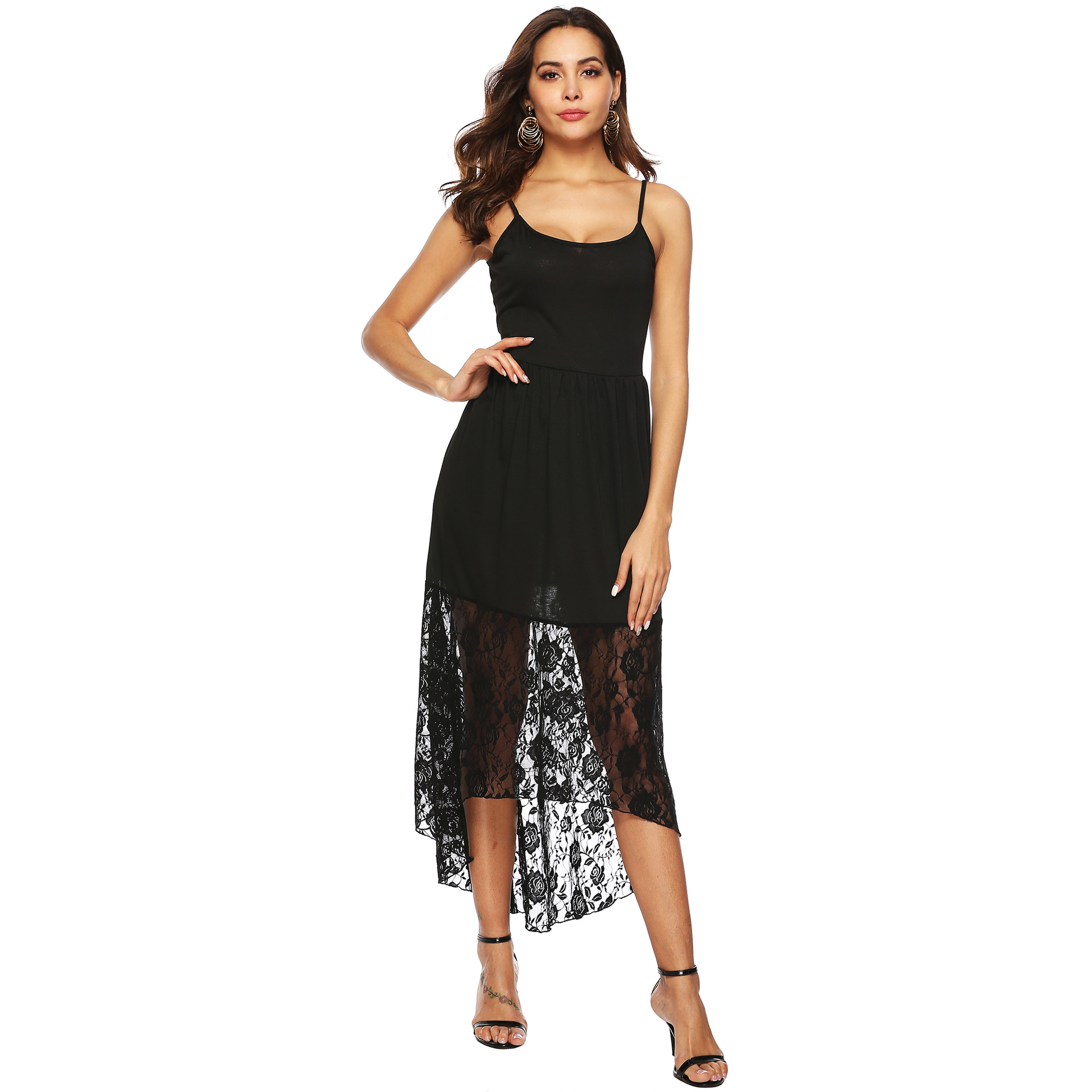 Women's Solid Lace Panel Cami Dress with Waist and Asymmetric Hem