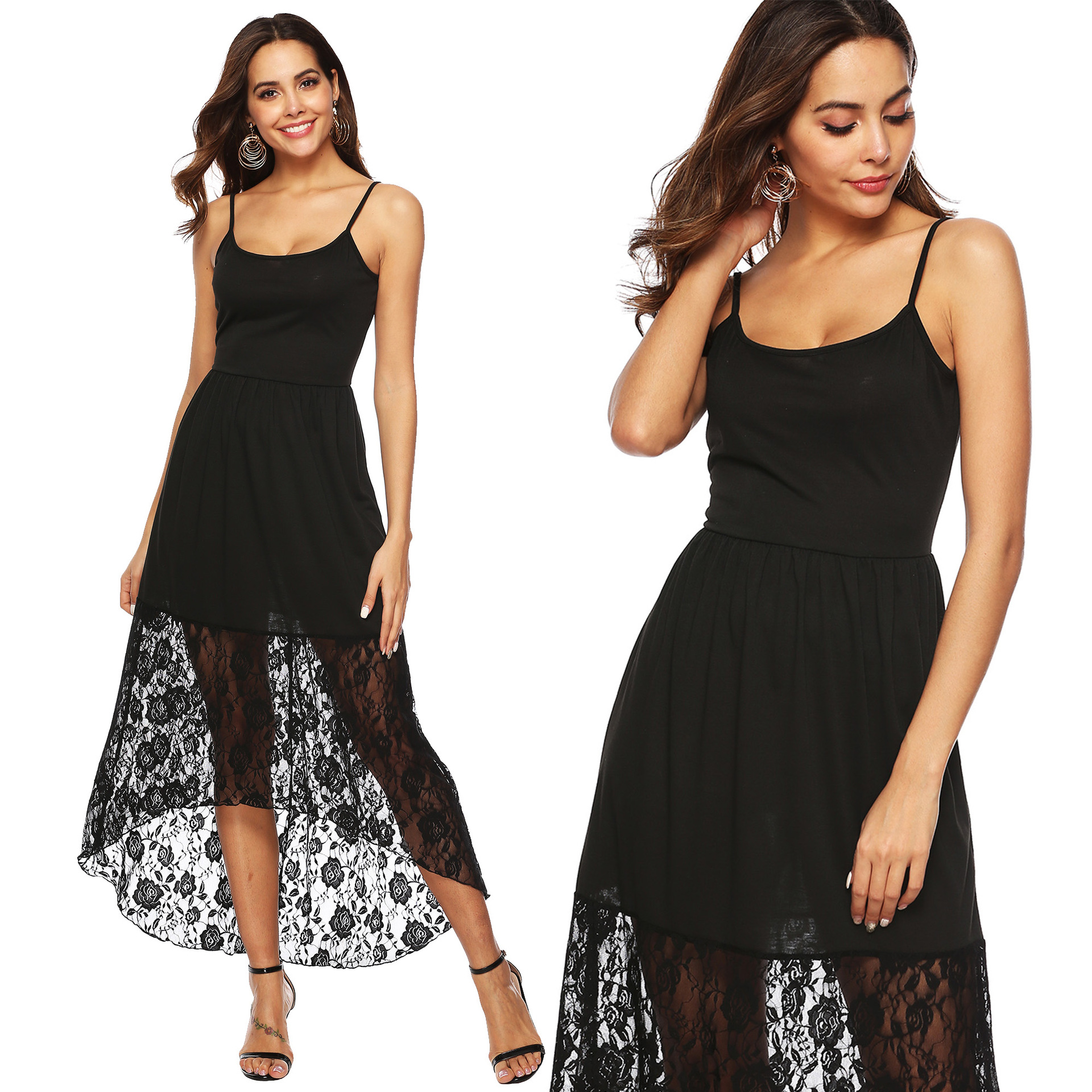 Women's Solid Lace Panel Cami Dress with Waist and Asymmetric Hem