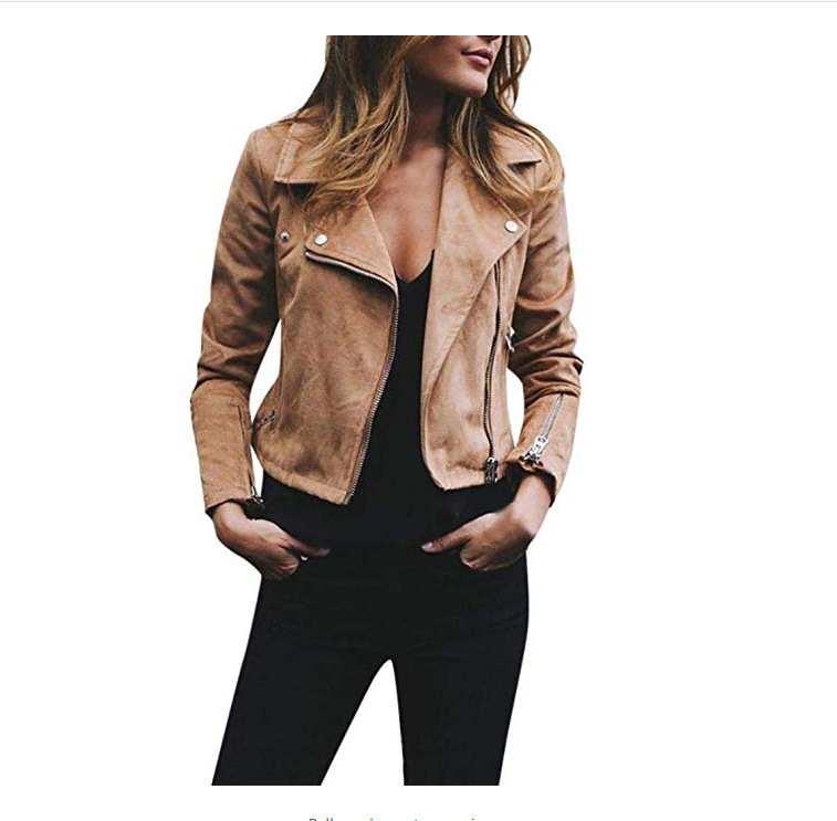 Women's Faux Suede Cropped Jacket with Lapel Collar and Asymmetric Zip