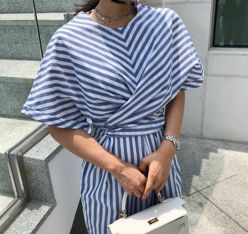 Women's Striped Cross-Tie Dress with Waist Cinch and Front Slit