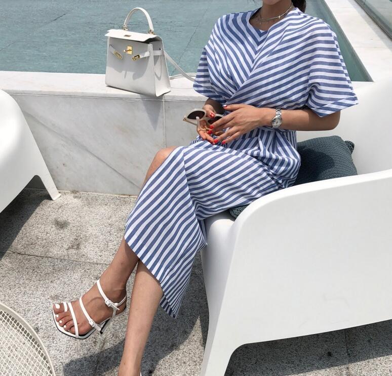 Women's Striped Cross-Tie Dress with Waist Cinch and Front Slit