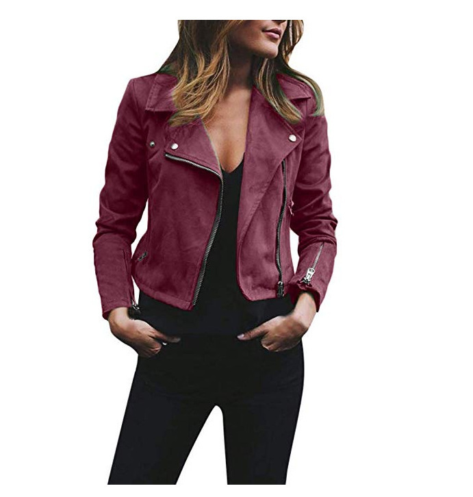Women's Faux Suede Cropped Jacket with Lapel Collar and Asymmetric Zip