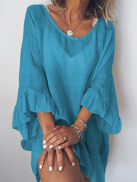 Women's Cotton-Linen Solid Color Dress with Ruffle Sleeves and Spliced Detail, Loose Beach Cover-Up