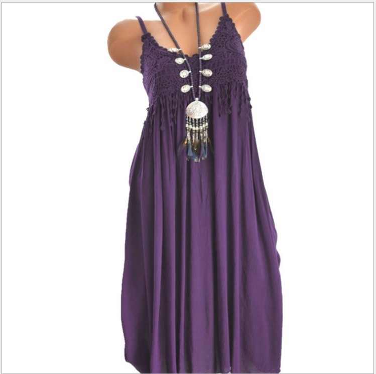 Sexy Lace Panel Solid Color Midi Cami Dress