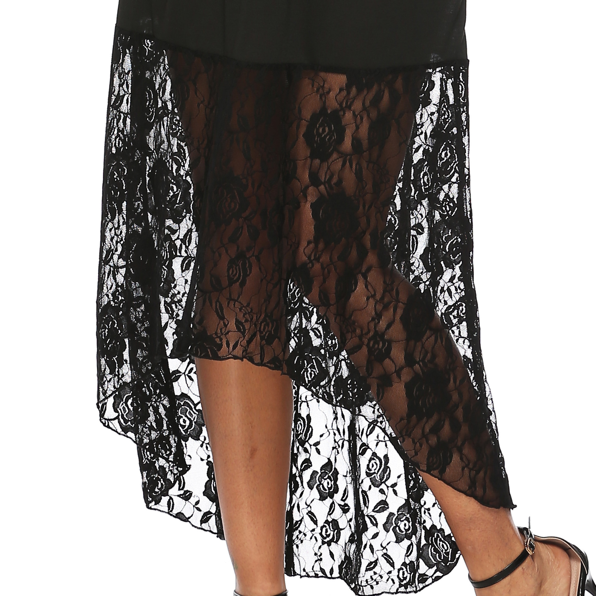 Women's Solid Lace Panel Cami Dress with Waist and Asymmetric Hem