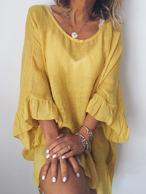 Women's Cotton-Linen Solid Color Dress with Ruffle Sleeves and Spliced Detail, Loose Beach Cover-Up