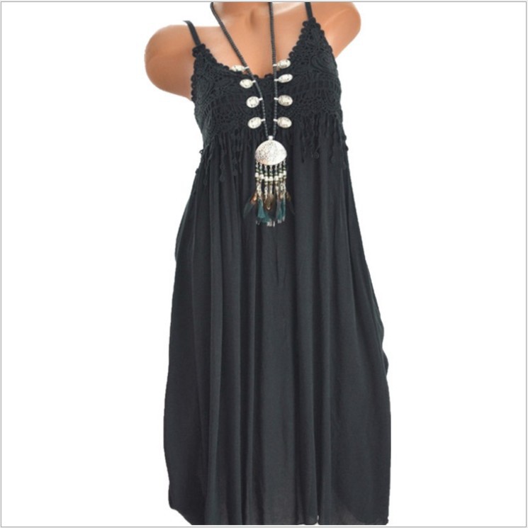 Sexy Lace Panel Solid Color Midi Cami Dress