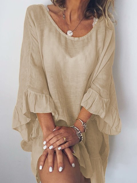 Women's Cotton-Linen Solid Color Dress with Ruffle Sleeves and Spliced Detail, Loose Beach Cover-Up