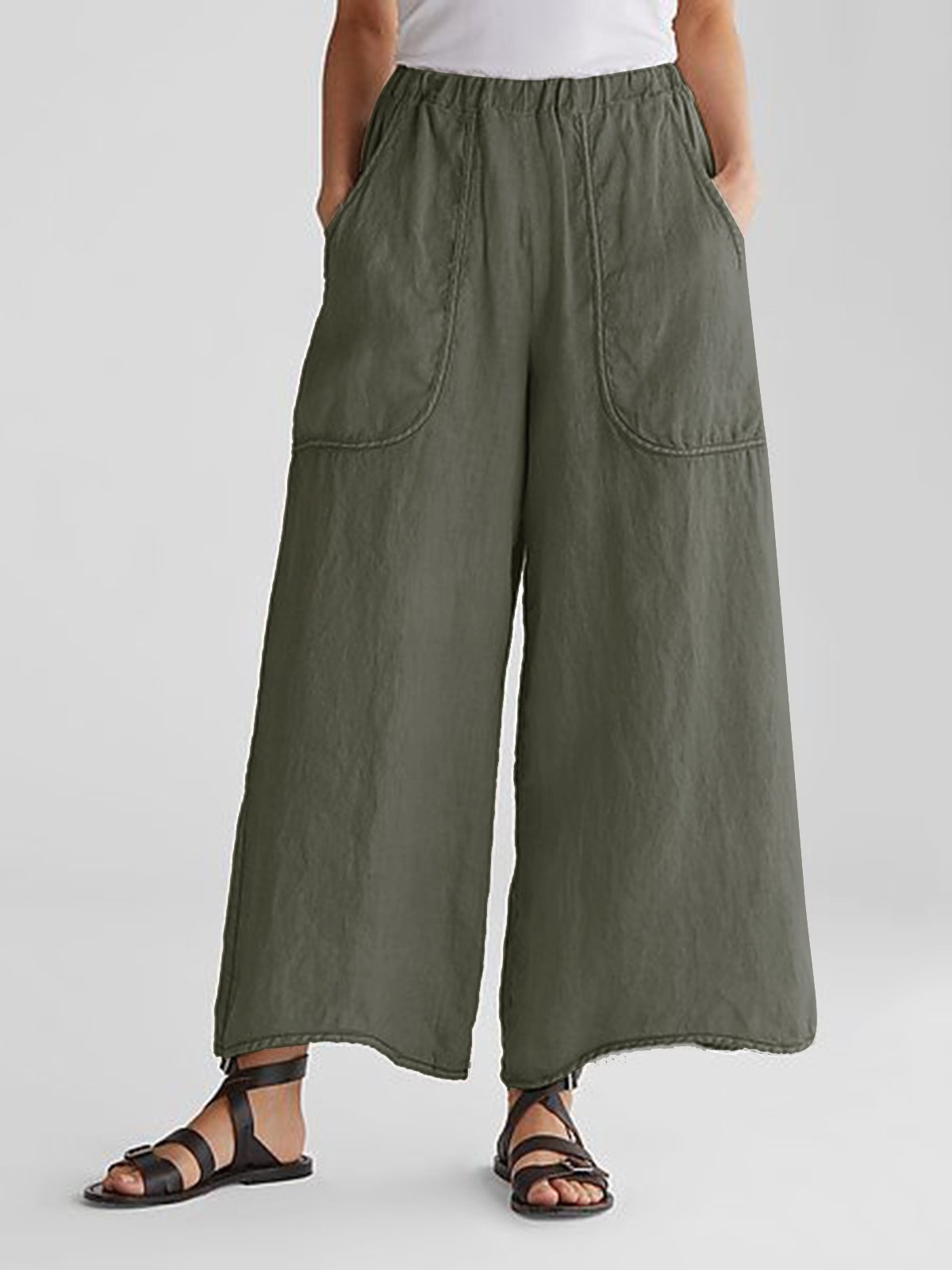 Cotton-Linen Wide-Leg Cropped Pants with Pockets