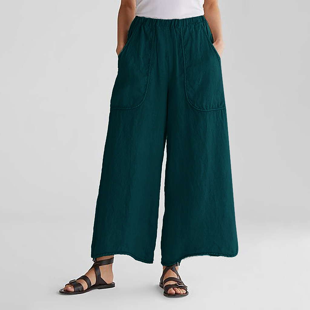 Cotton-Linen Wide-Leg Cropped Pants with Pockets