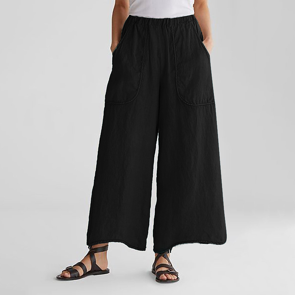 Cotton-Linen Wide-Leg Cropped Pants with Pockets