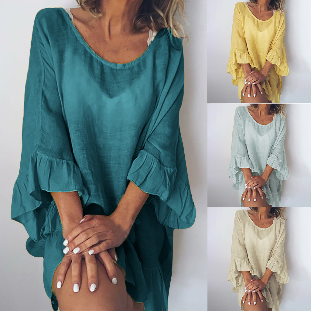 Women's Cotton-Linen Solid Color Dress with Ruffle Sleeves and Spliced Detail, Loose Beach Cover-Up