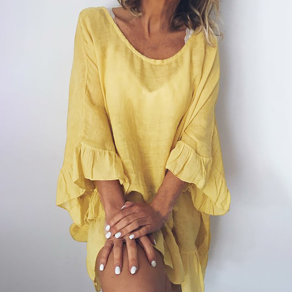 Women's Cotton-Linen Solid Color Dress with Ruffle Sleeves and Spliced Detail, Loose Beach Cover-Up