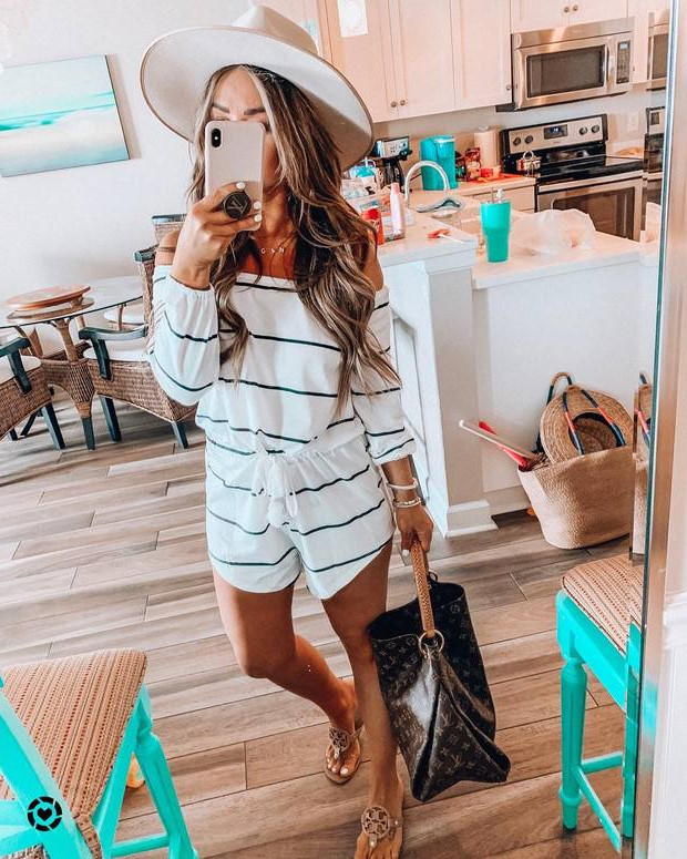 Women's Off-Shoulder Striped Belted Jumpsuit