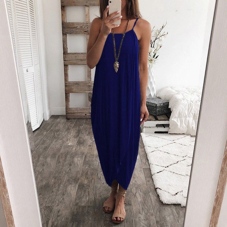 Women's Knit Loose Irregular Dress Sleeveless High Waist U-Neck Blue