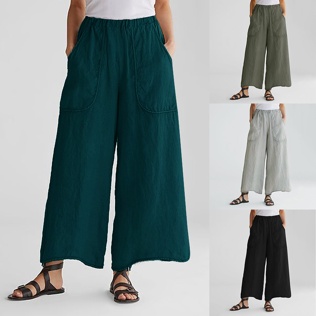 Cotton-Linen Wide-Leg Cropped Pants with Pockets