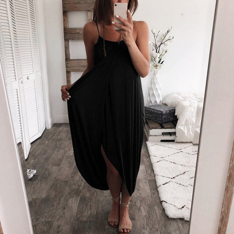 Women's Knit Loose Irregular Dress Sleeveless High Waist U-Neck Blue
