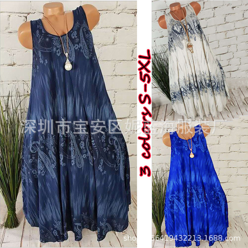 Women's Summer Round Neck Print Flared Midi Dress
