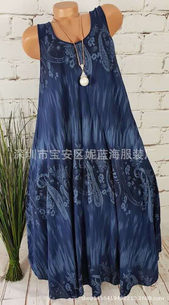 Women's Summer Round Neck Print Flared Midi Dress