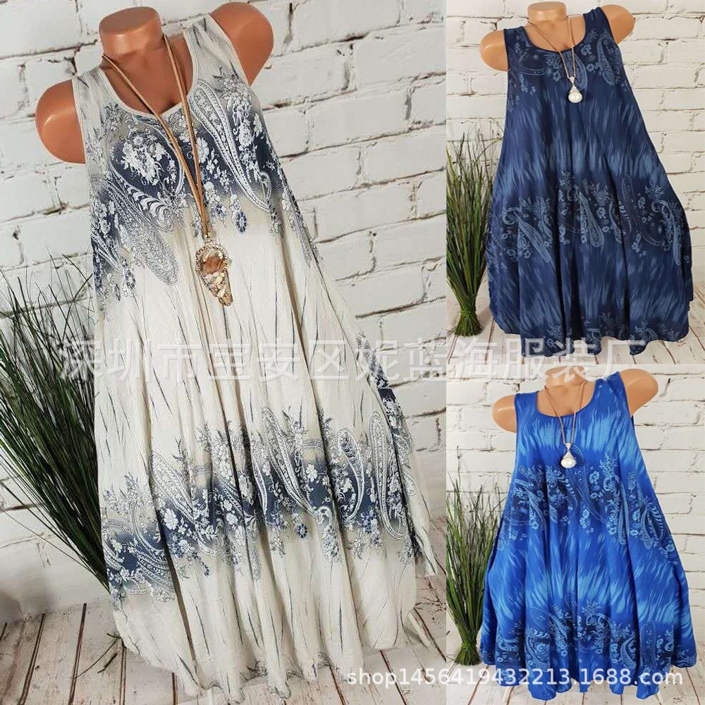 Women's Summer Round Neck Print Flared Midi Dress