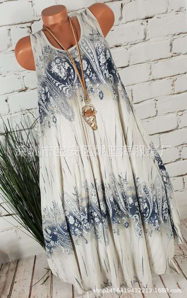 Women's Summer Round Neck Print Flared Midi Dress