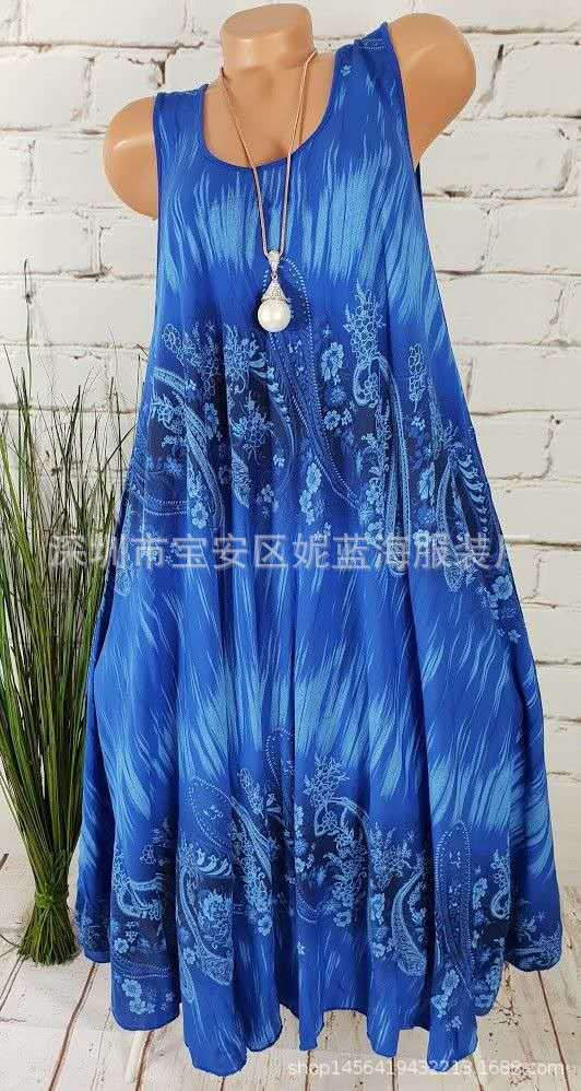 Women's Summer Round Neck Print Flared Midi Dress