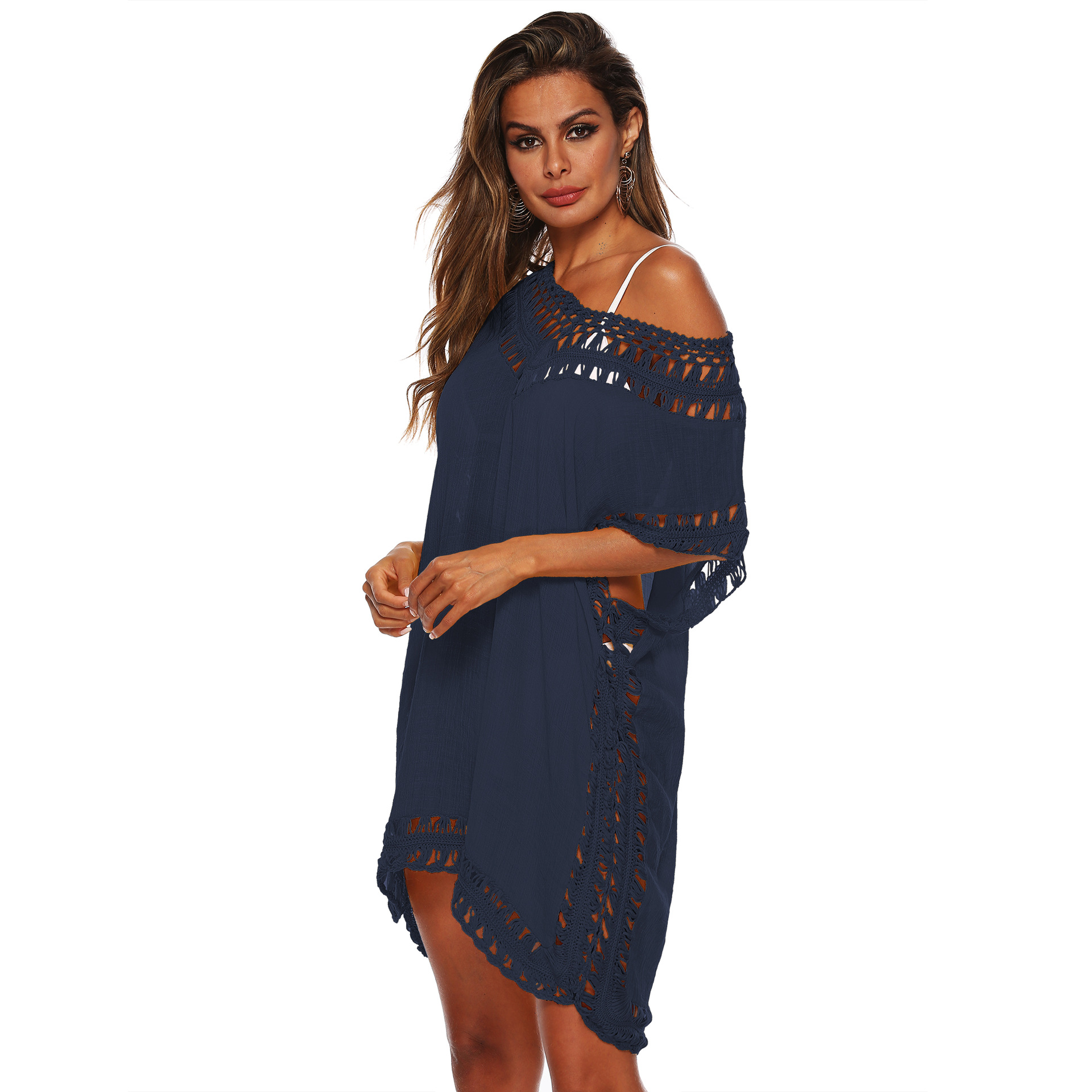 Women's V-Neck Hand-Crochet Hollow-Out Loose Beach Cover-Up Dress