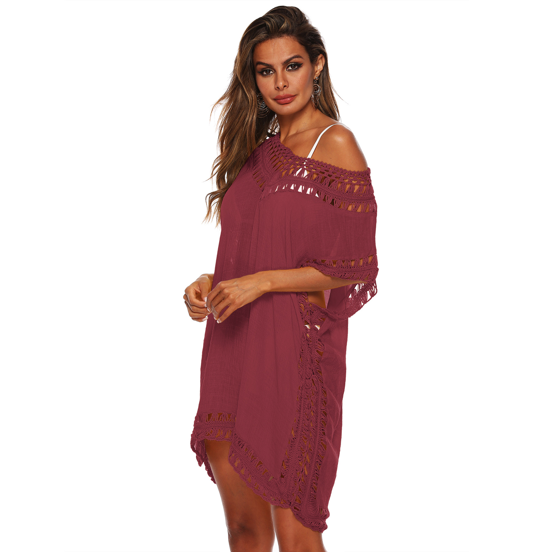 Women's V-Neck Hand-Crochet Hollow-Out Loose Beach Cover-Up Dress