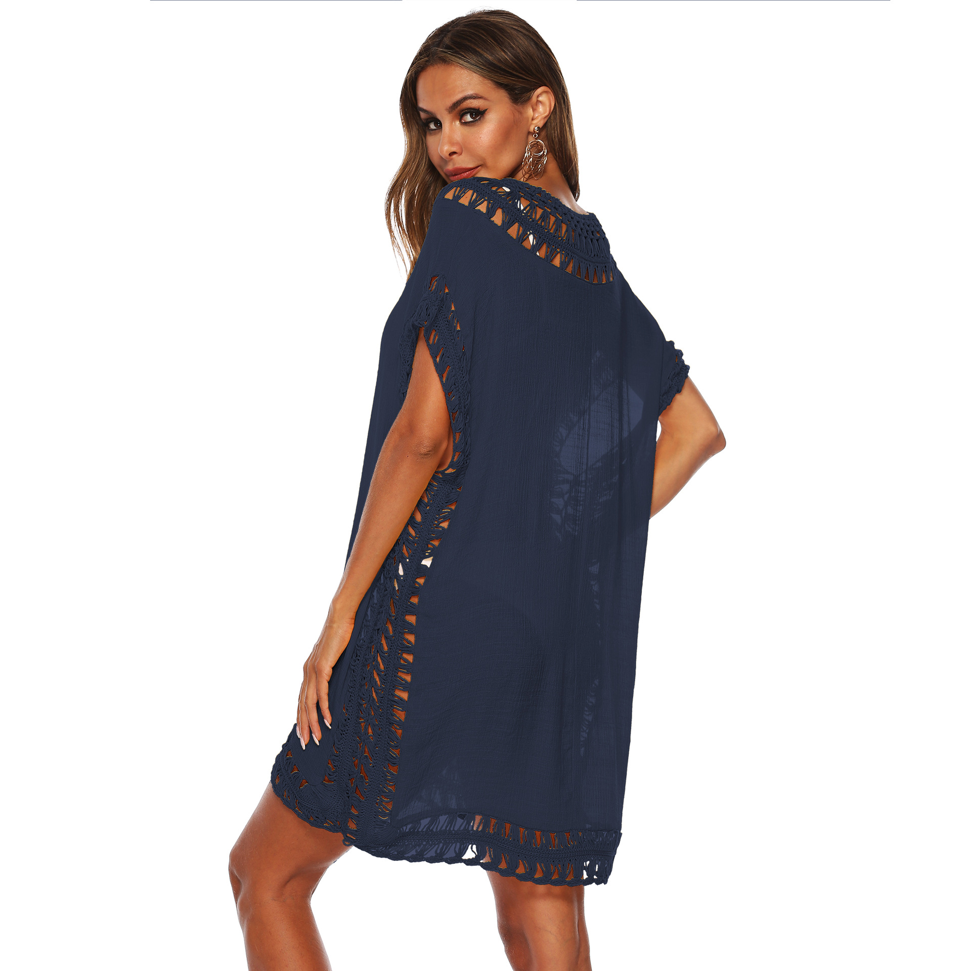 Women's V-Neck Hand-Crochet Hollow-Out Loose Beach Cover-Up Dress
