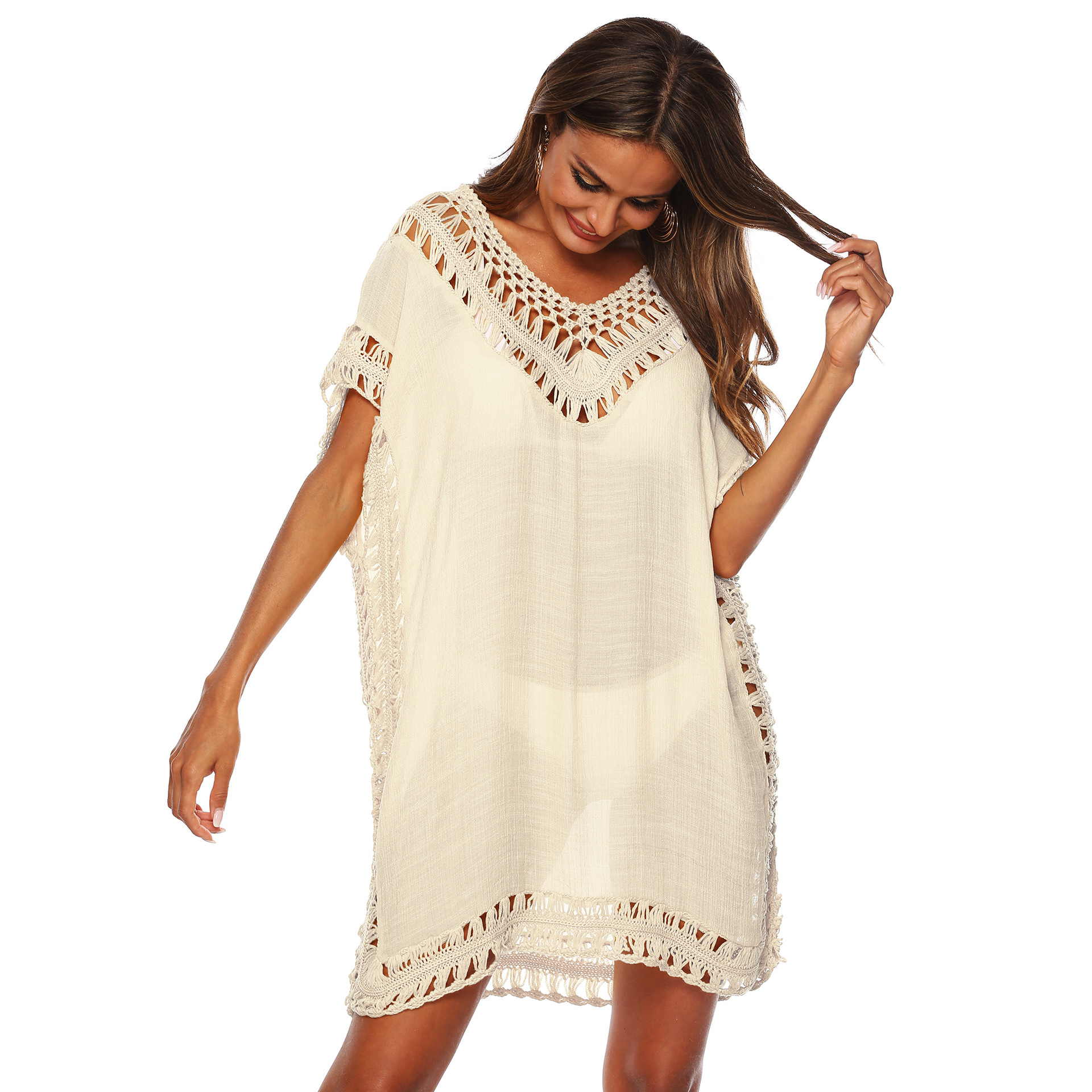 Women's V-Neck Hand-Crochet Hollow-Out Loose Beach Cover-Up Dress