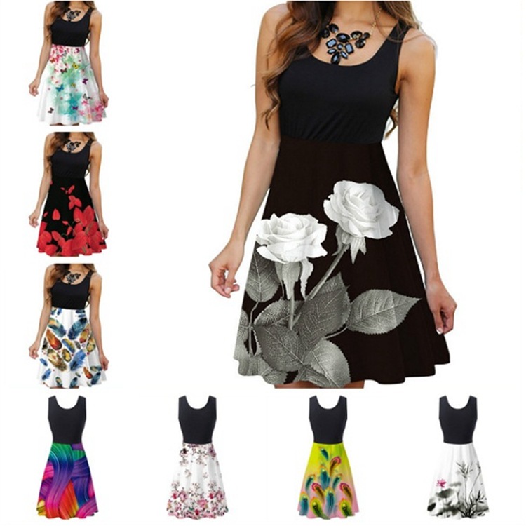 Women's Sleeveless Round Neck Digital Print Dress