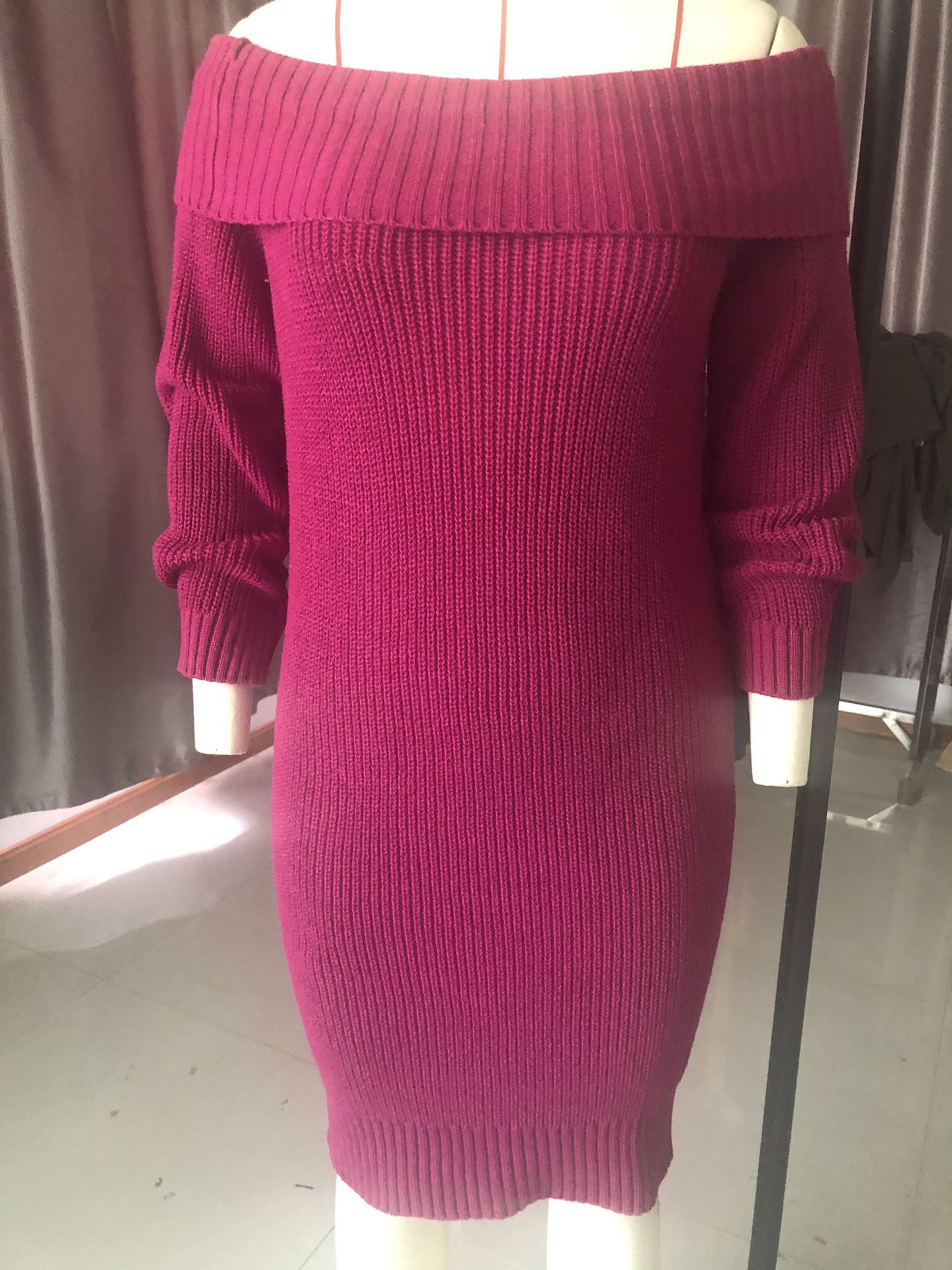 Women's Off-Shoulder Long Sleeve Midi Dress Solid Knit Slim Fit