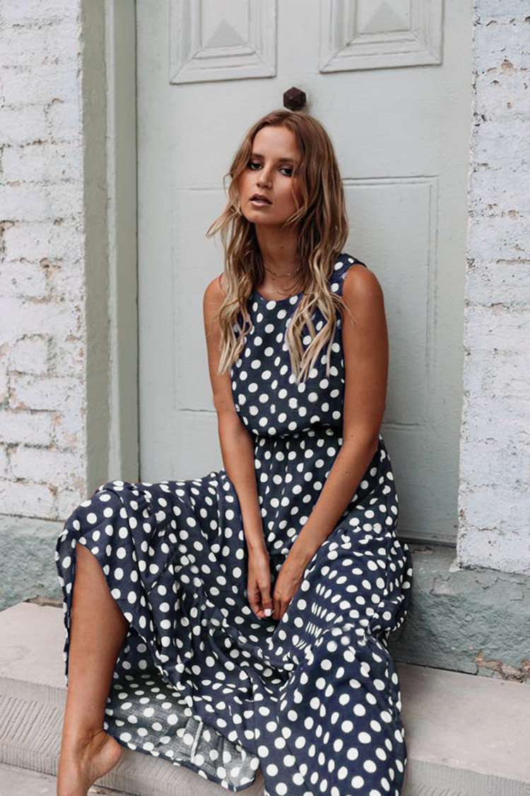 Polka Dot Print Round Neck Long Dress