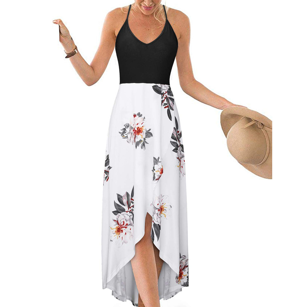 V-Neck Sleeveless Open-Back Colorblock Floral Print Maxi Dress