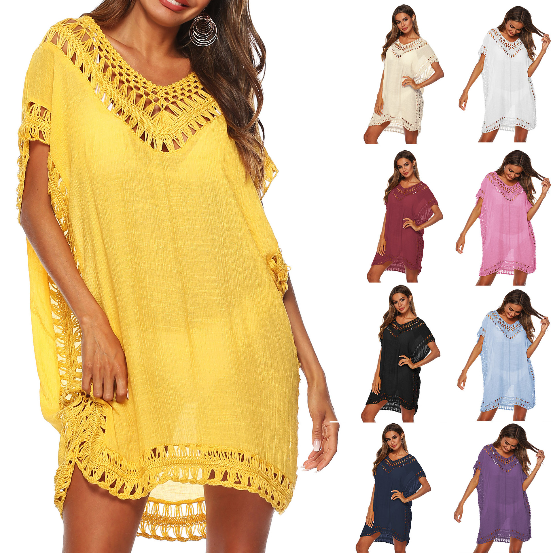 Women's V-Neck Hand-Crochet Hollow-Out Loose Beach Cover-Up Dress