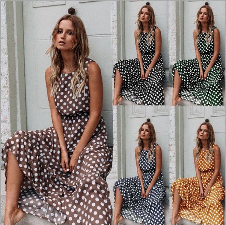 Polka Dot Print Round Neck Long Dress