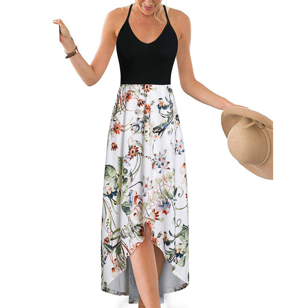 V-Neck Sleeveless Open-Back Colorblock Floral Print Maxi Dress