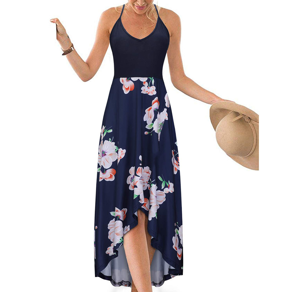 V-Neck Sleeveless Open-Back Colorblock Floral Print Maxi Dress