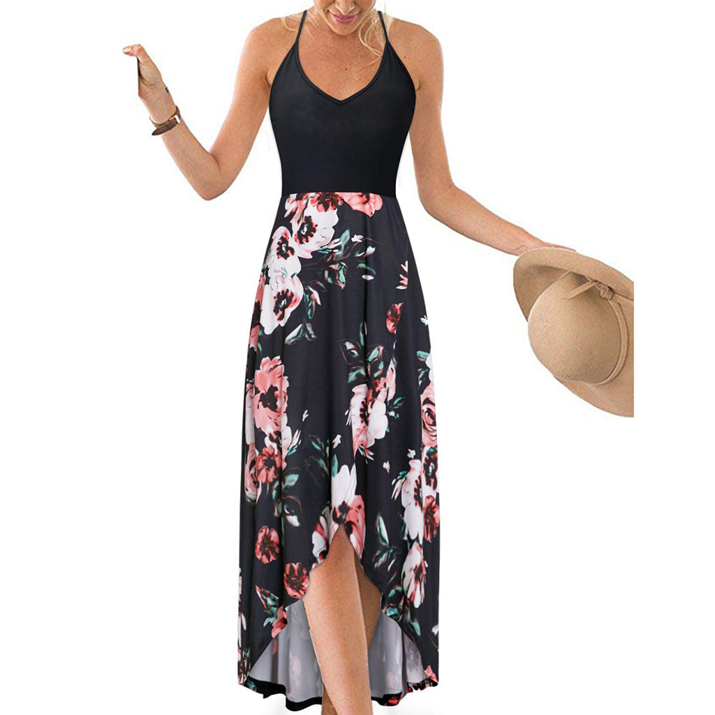 V-Neck Sleeveless Open-Back Colorblock Floral Print Maxi Dress