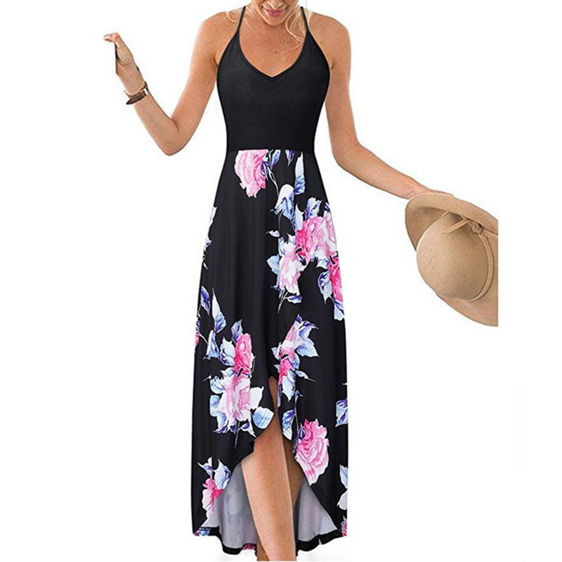 V-Neck Sleeveless Open-Back Colorblock Floral Print Maxi Dress