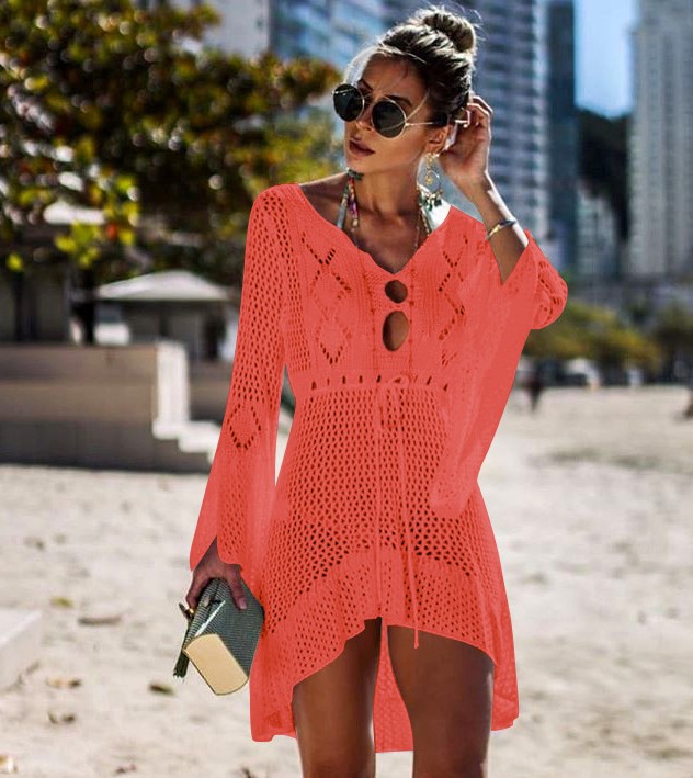 Women's Openwork Knit Flare-Sleeve Midi Dress