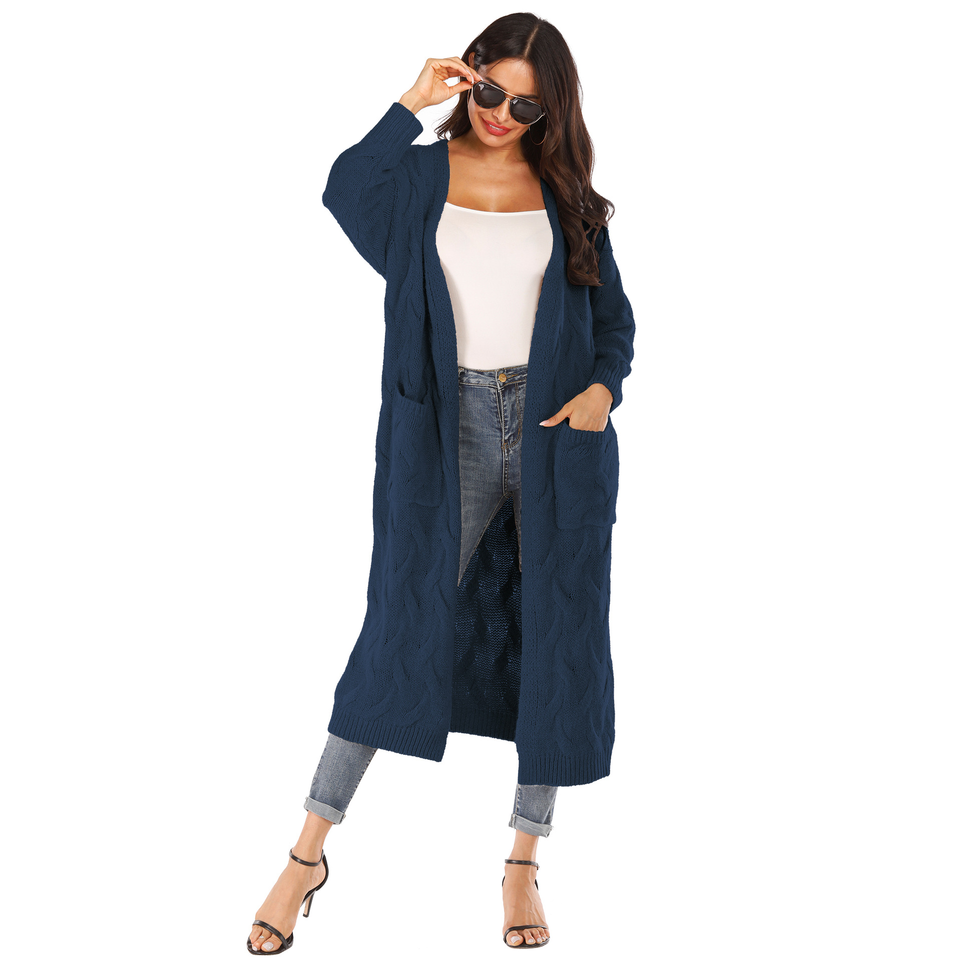 Women's Solid Color Snowflake 3D Irregular Big Pocket Faux Rabbit Fur Thick Sweater Long Cardigan