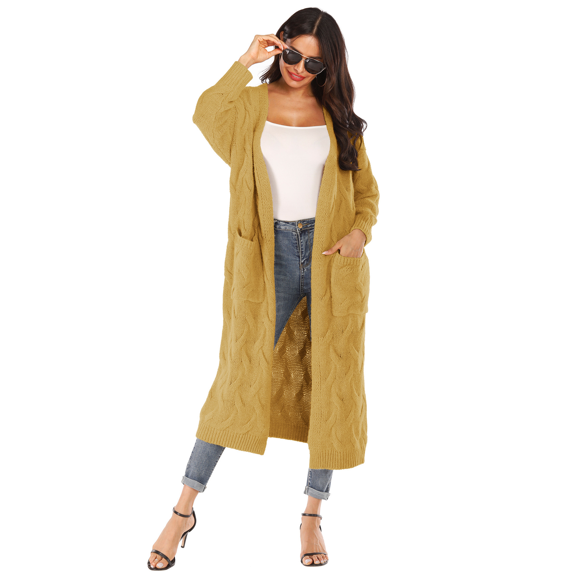 Women's Solid Color Snowflake 3D Irregular Big Pocket Faux Rabbit Fur Thick Sweater Long Cardigan