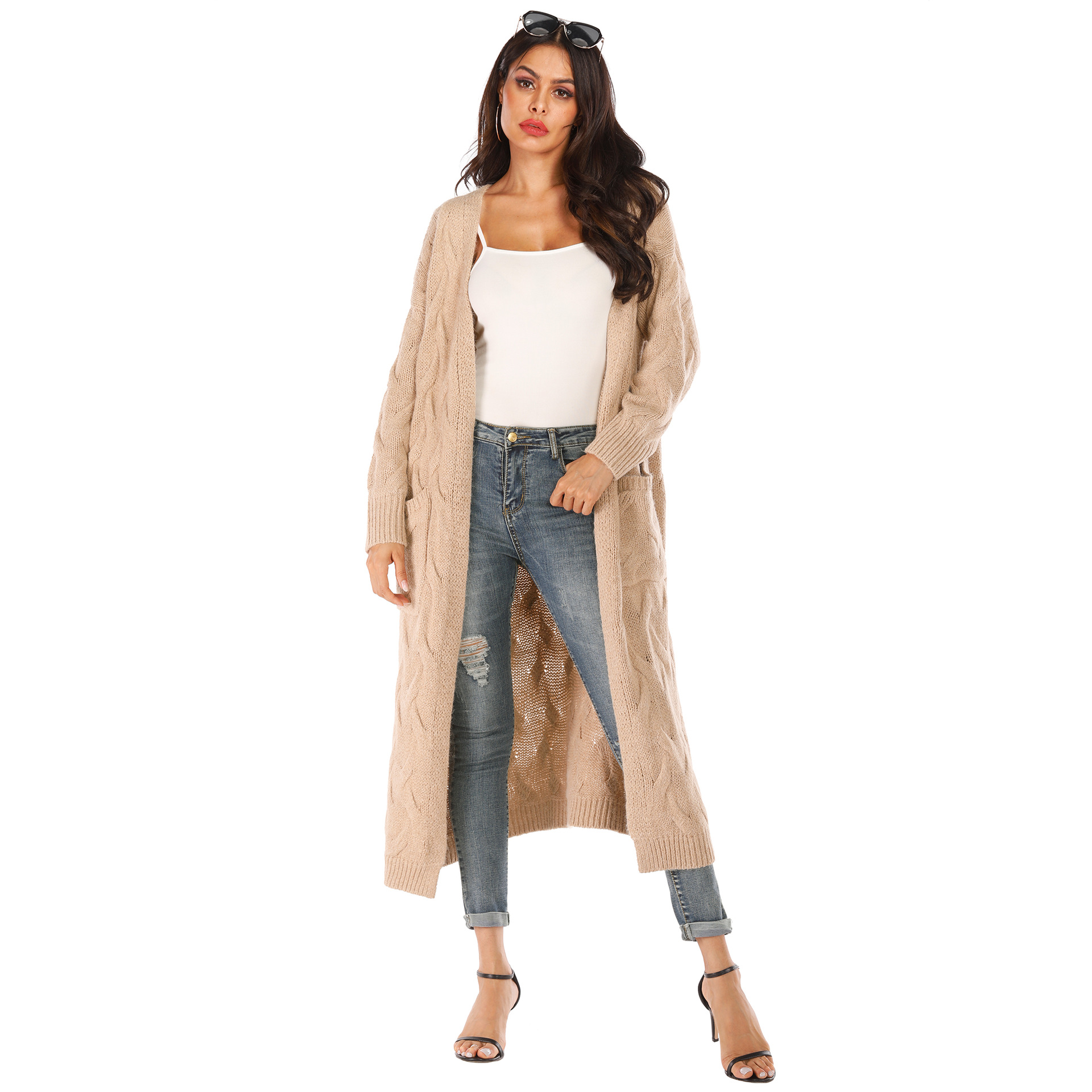 Women's Solid Color Snowflake 3D Irregular Big Pocket Faux Rabbit Fur Thick Sweater Long Cardigan