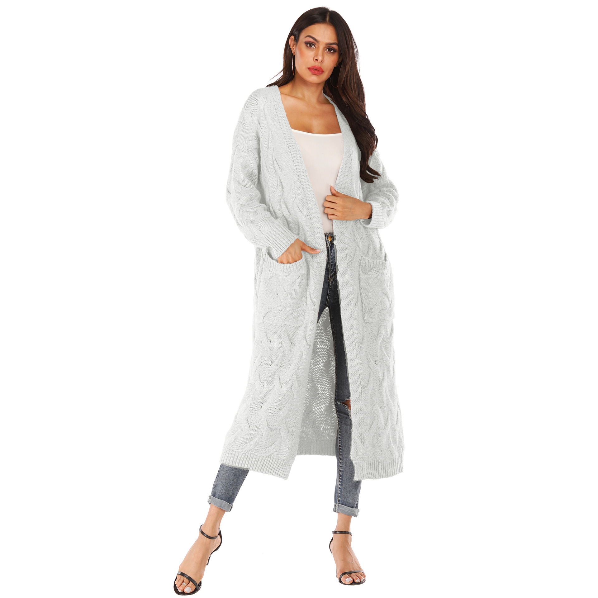 Women's Solid Color Snowflake 3D Irregular Big Pocket Faux Rabbit Fur Thick Sweater Long Cardigan
