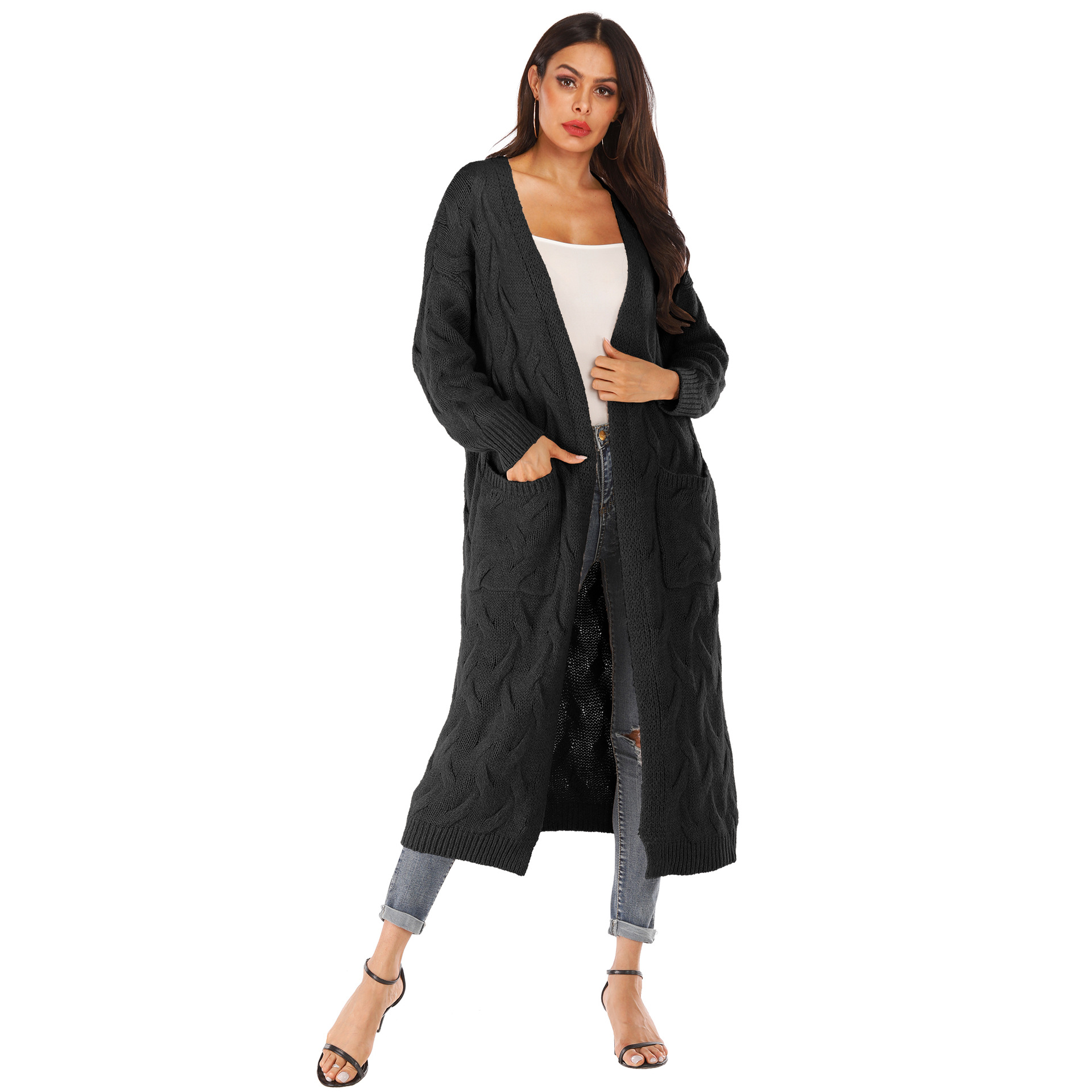 Women's Solid Color Snowflake 3D Irregular Big Pocket Faux Rabbit Fur Thick Sweater Long Cardigan
