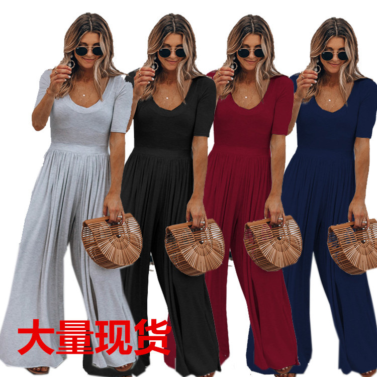 Women's Solid Short Sleeve Wide Leg Loose Jumpsuit Casual
