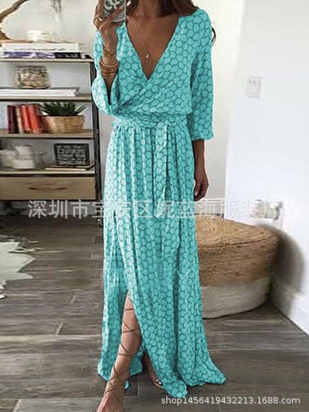 Sexy Plaid V-Neck Slit Print Asymmetric Long Dress